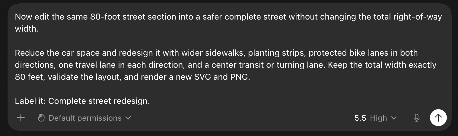 Prompt asking Street Designer MCP to edit the street into a complete street redesign