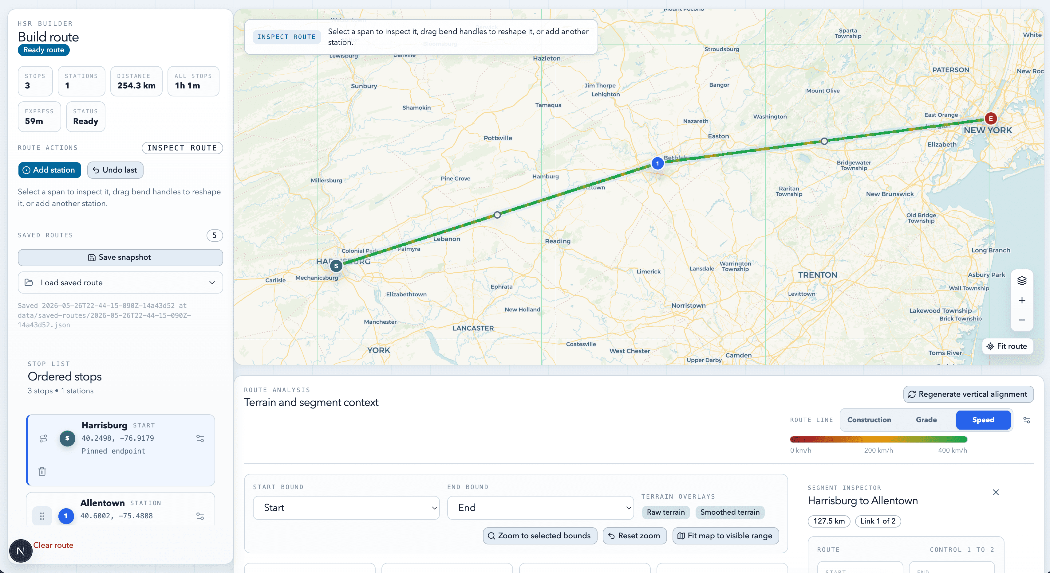 HSRBuilder full interface showing route controls, map, and analysis panel
