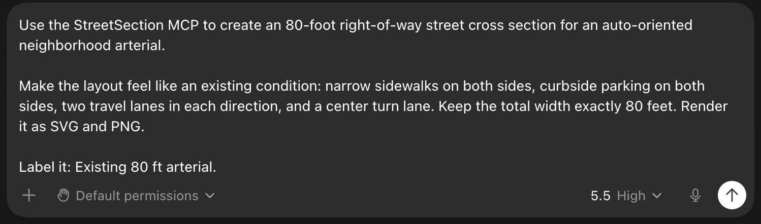 Prompt asking Street Designer MCP to create an existing 80-foot arterial
